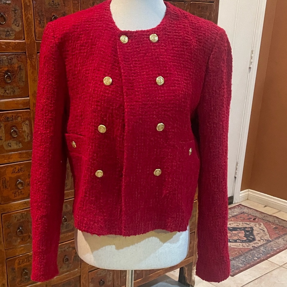 Zara Red Textured Blazer with Gold Buttons